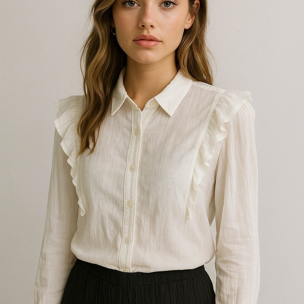 Bella Dahl White Ruffle Sheer Button Down Blouse Cottagecore Romantic Boho Top